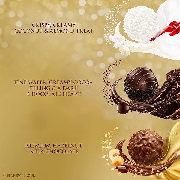 FERRERO ROCHER, 12 COUNT, PREMIUM GOURMET ASSORTED HAZELNUT MILK CHOCOLATE, DARK CHOCOLATE AND COCONUT CHOCOLATES, CHOCOLATE GIFT BOX, 4.6 OZ