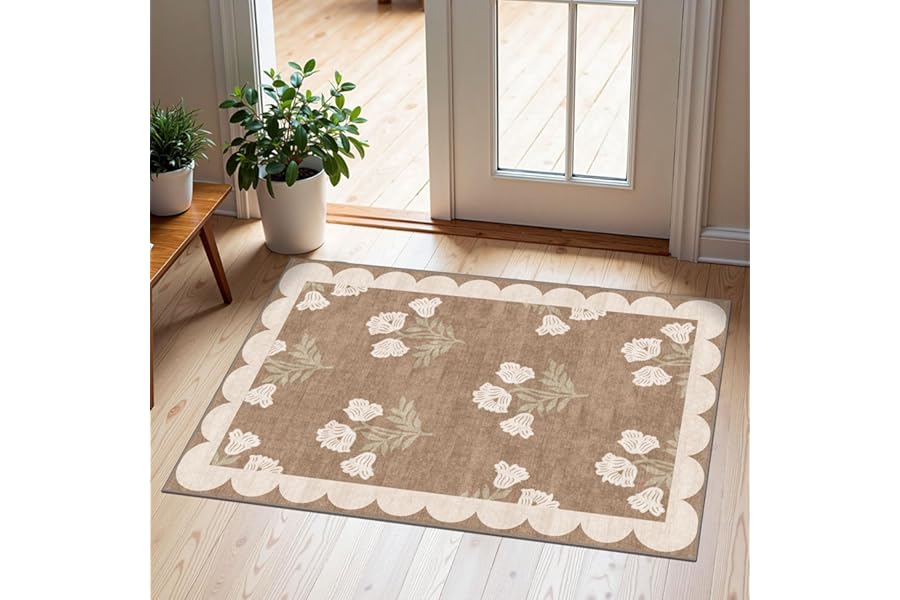 Othilic Front Door Mat Outside Entrance - 2x3 Floral Non-Slip Washable Doormat Indoor Outdoor Mat Tan Neutral Farmhouse Scalloped Entry Rug Small Throw Rugs for Entryway Kitchen Front Porch Decor