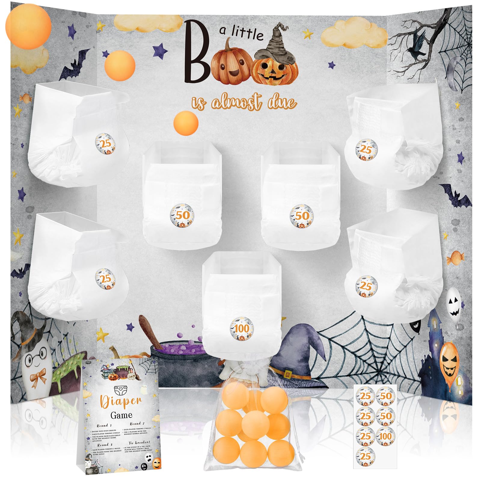 Photo 1 of Ctosree 31 Pcs Little Halloween Boo Baby Shower Diaper Game 1 Diaper Baby Shower Game Board 7 Diapers 10 Plastic Balls 1 Organza Bag for Bridal Games Boy Girl