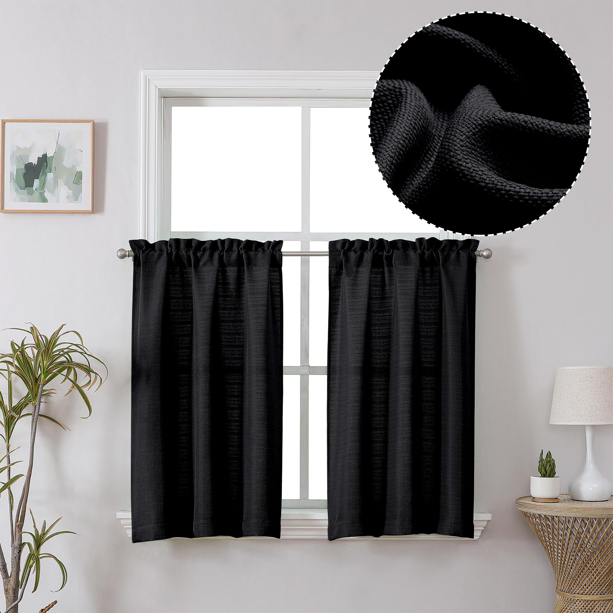 Photo 1 of Chyhomenyc 2 Panels Black Cafe Curtains 36 Inch Length, Faux Linen Half Window Curtains for Bathroom Farmhouse Country, Privacy Street Window Curtains, 30x36 inch, 2PCS