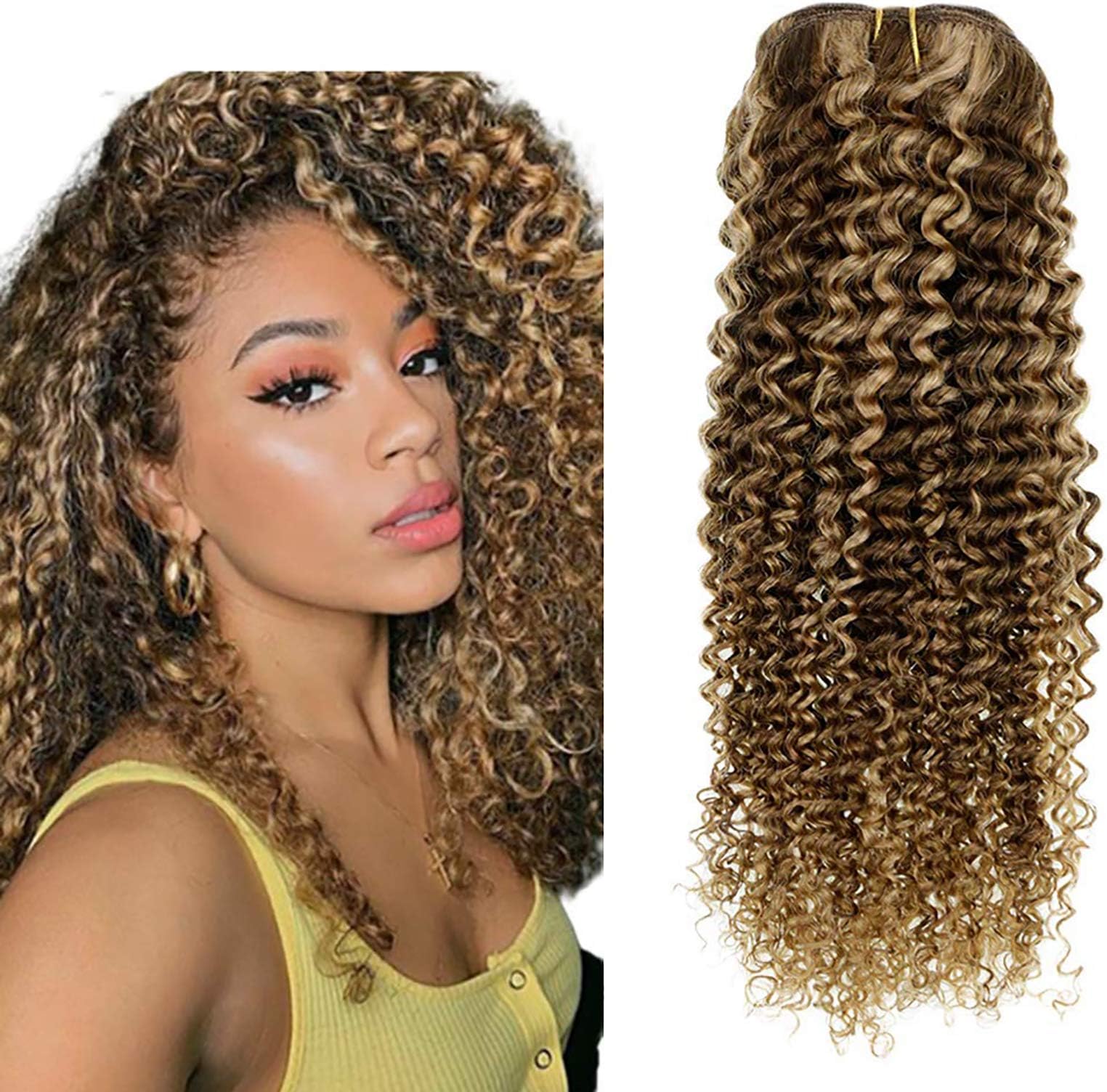Hetto Clip in Hair Extensions Remy Human Hair Brown Highlight Blonde kinky Curly Clip in Hair Extensions 20 Inch 100g Thick Clip in Extensions Human Hair
