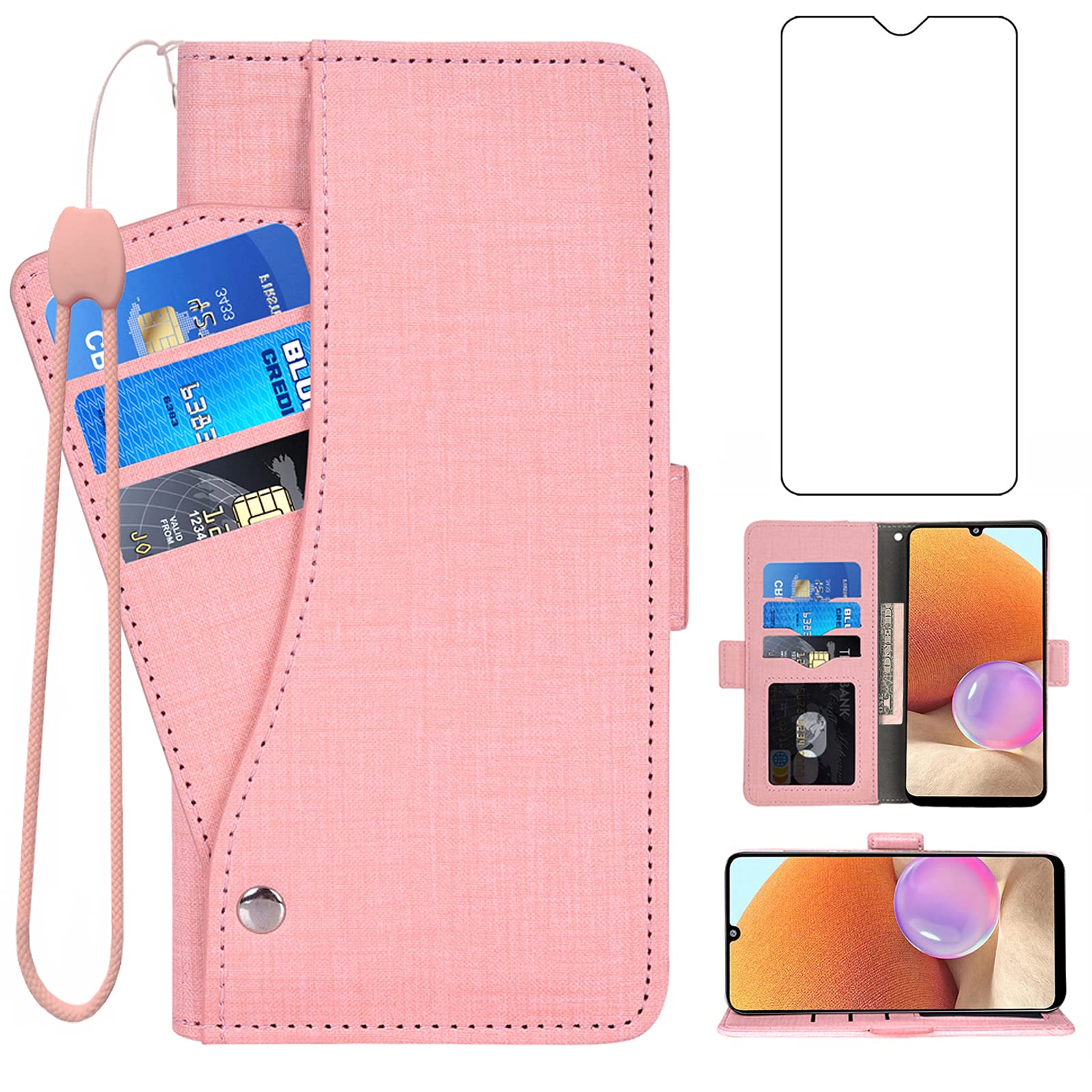 Asuwish Compatible with Samsung Galaxy A32 4G 6.4 inch Wallet Case and Tempered Glass Screen Protector Leather Flip Cover Card Holder Stand Cell Accessories Phone Cases for A 32 A32case Women Pink