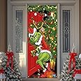 Green Christmas Door Cover Decorations, 71×35In Doll Door Banner Photography Porch Sign with Stealing Gifts for Xmas Outdoor 