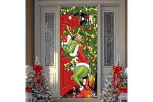 Green Christmas Door Cover Decorations, 71×35In Doll Door Banner Photography Porch Sign with Stealing Gifts for Xmas Outdoor 