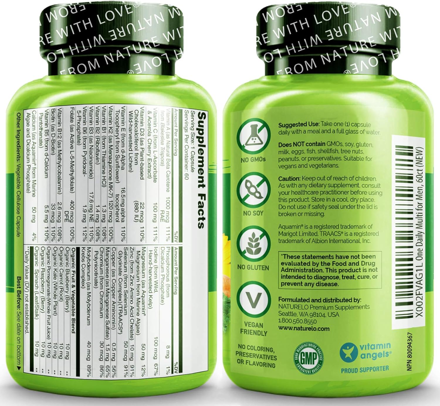 NATURELO One Daily Multivitamin for Men - with Whole Food Vitamins & Organic Extracts - Natural Supplement - Best for Energy, General Health - Non-GMO - 60 Capsules | 2 Month Supply: Health & Personal Care