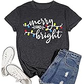 MAIHUN Christmas Shirts Womens Merry and Bright Shirt Xmas Holiday Tshirt Christmas Lights Tee Tops