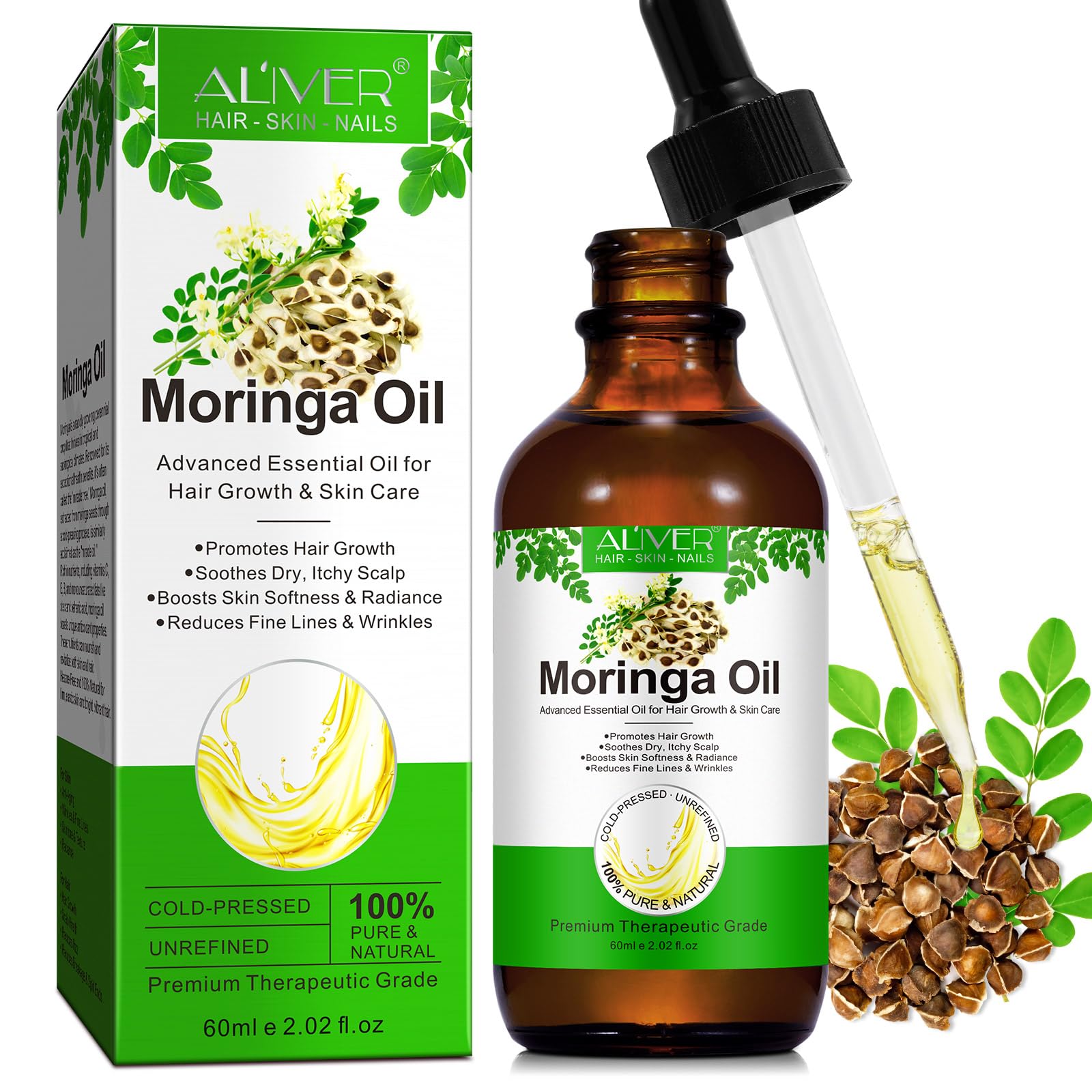 Pure Moringa Seed Oil, Cold Pressed Oil, MoringaOil for Face and Hair, Nourishes Hair Growth, Reduces Fine Lines and Tightens Skin, Moisturizes and Anti-aging - 60ml(2.02 fl oz)