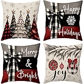BBOLDIN Christmas Throw Pillow Covers 18x18, Red Black and Grey Plaid Christmas Tree Snowflake Pillow Cases Set of 4, Winter Holiday Cushion Covers Decorations for Indoor Sofa Living Room