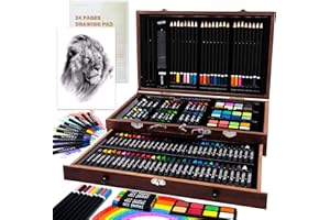 Art Supplies, Tanmit 141-Piece Deluxe Art Set Painting Drawing Kit with Artist Sketch Pad, Oil Pastels, Colored Pencils, Crayons, Watercolor Cakes, Wooden Art Box for Adults Beginners