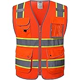 JKSafety 9 Pockets Hi-Vis Reflective Safety Vest | Mesh Fabric | Fluorescent Orange Color with Neon Yellow Extended Trims | ANSI/ISEA Compliance (100-Orange, XL)