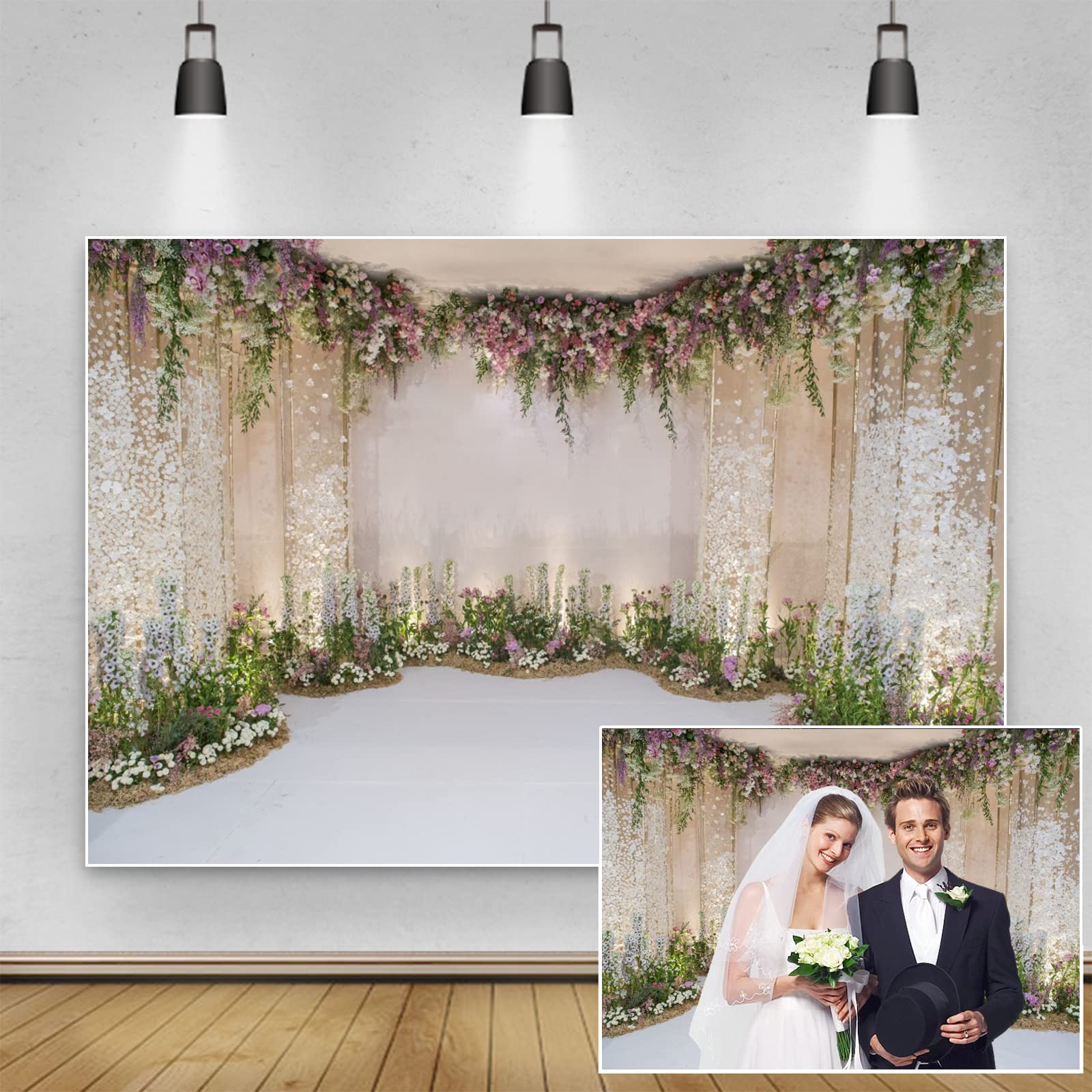 Renaiss 8x6ft Wedding Photo Backdrop Indoor Flowers Wall Background Anniversary Ceremony Bridal Shower Party Decoration Bride Groom Portrait Wedding Photography Studio Props Vinyl