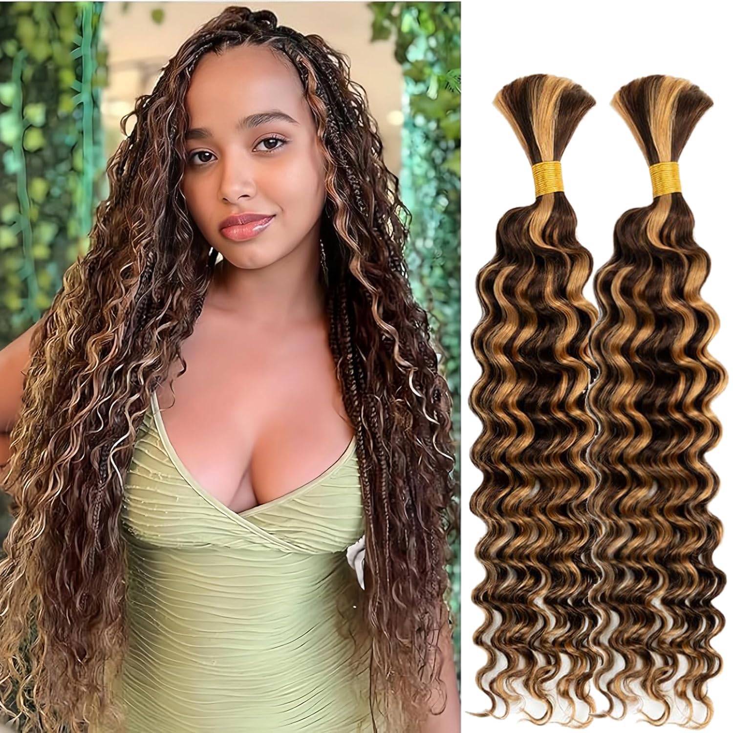 Ombre Braiding Hair 100g 20 Inch Deep Water Wave 2 Bundle Bulk Human Hair for Braiding 10A Brazilian Virgin Highlight Curly Hair Extensions for Boho Braids Wet and Wavy Honey Blonde Braiding Hair — image 1