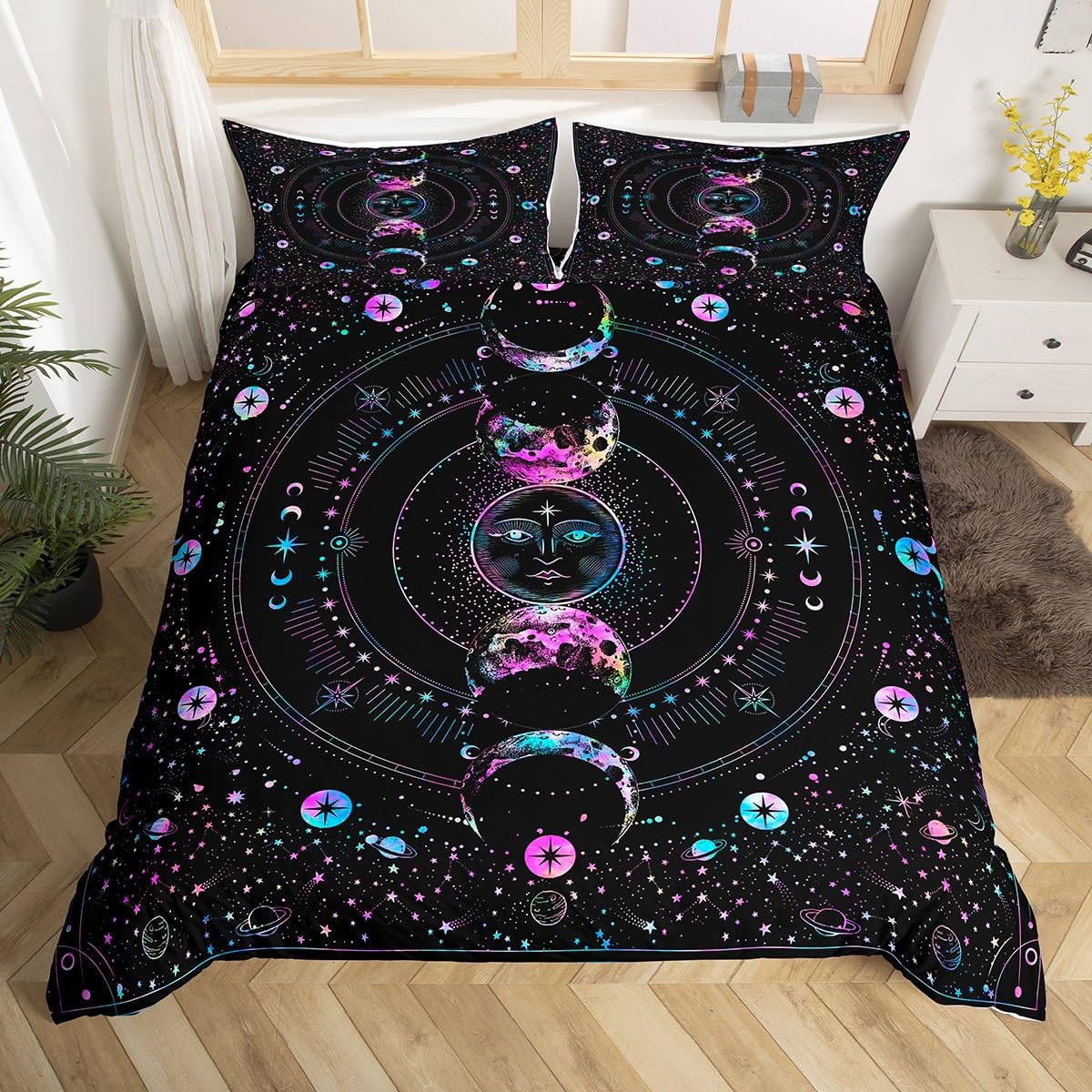 Sun and Moon Duvet Cover Set King Size, Stars Space Psychedelic Comforter Cover with 2 Pillowcases, Boho Sun Moon Colorful Bedding Set 3pcs for Kids Girl Boy Adult Lightweight Bedspread Cover