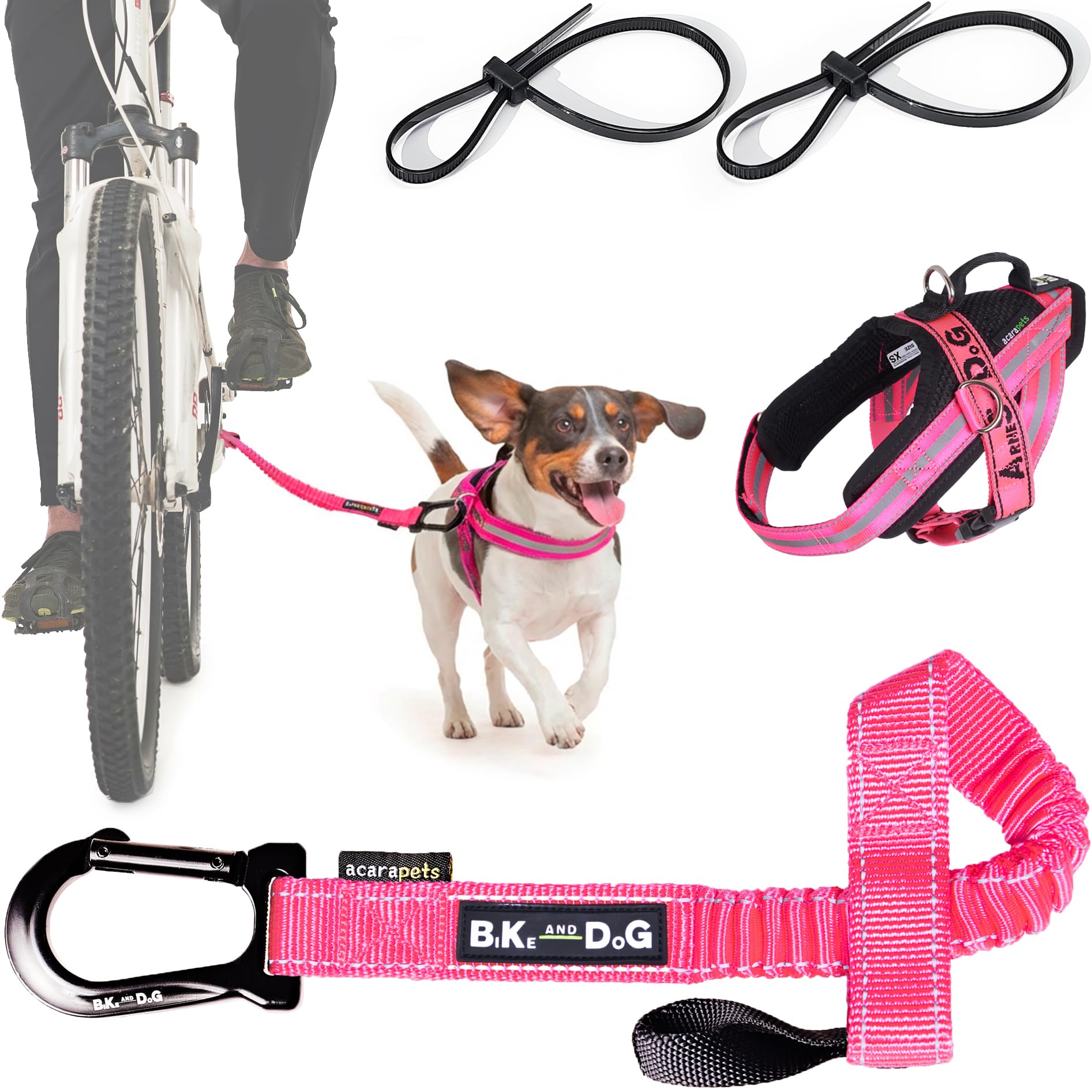 BIKE AND DOG - Dog leash and dog harness for bicycle, harness with side rings, includes 2 bicycle straps. Patented. (Pink, Leash-harness XS)