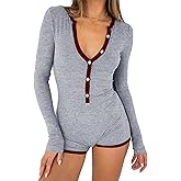 INFITTY Rompers for Women Long Sleeve Jumpsuit V Neck Onesie Pajamas Sexy Ribbed Button Down Sleepwear