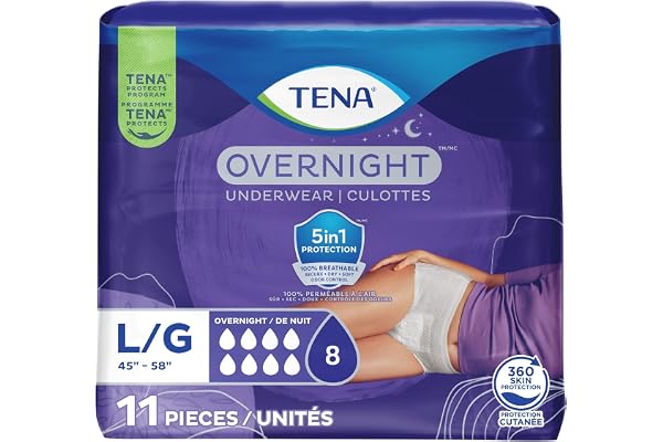 TENA Adult Incontinence, Discrete Disposable, Underwear, Comfortable Fit, Overnight Protection, Unisex, Large (L), 11 Count