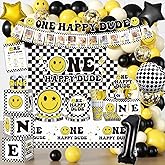 wellspar 245pcs One Happy Dude Birthday Decorations, All-in-1 One Happy Dude Supplies Pack with 20pcs Plates, Napkins, 2pcs Tablecloth, Balloon Arch for First Birthday Decorations for Boy, 20 Guests