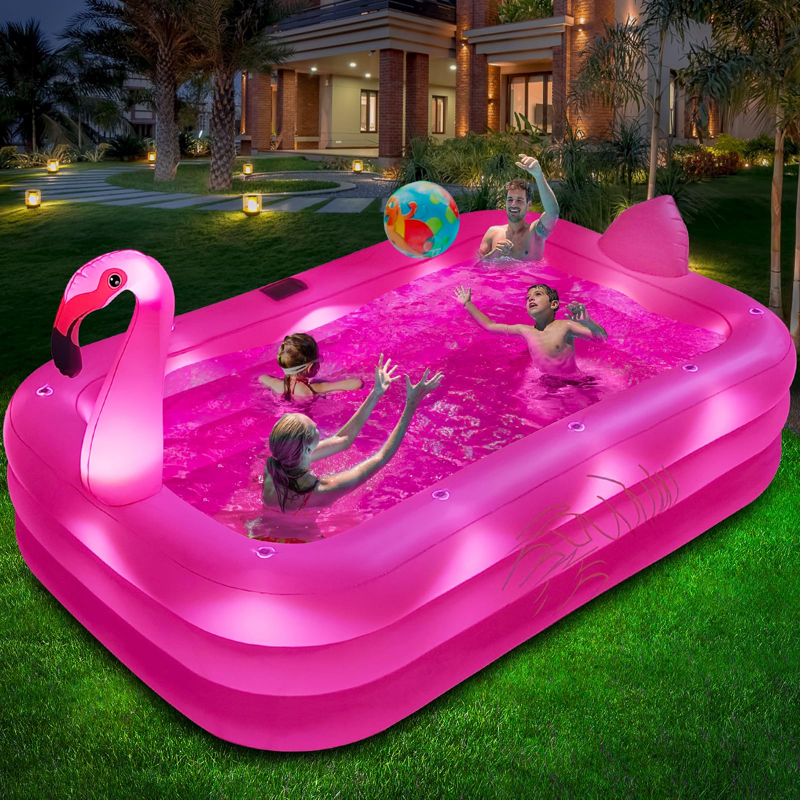 Photo 1 of Inflatable Pool with Lights, Solar Flamingo Swimming Pool for Kids,Adults Inflatable Blow up Pool, Large Kiddie Pool,Durable Thickened Kids Pool for Backyard,Outdoor,100"X63"X20"-Bright Pink