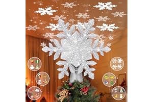 BROSYDA Christmas Tree Topper Lighted, 3D Glitter Snowflake Tree Topper Built-in LED Rotating Lights with 6 Projection Modes, Striking Christmas Tree Decoration (Silver)