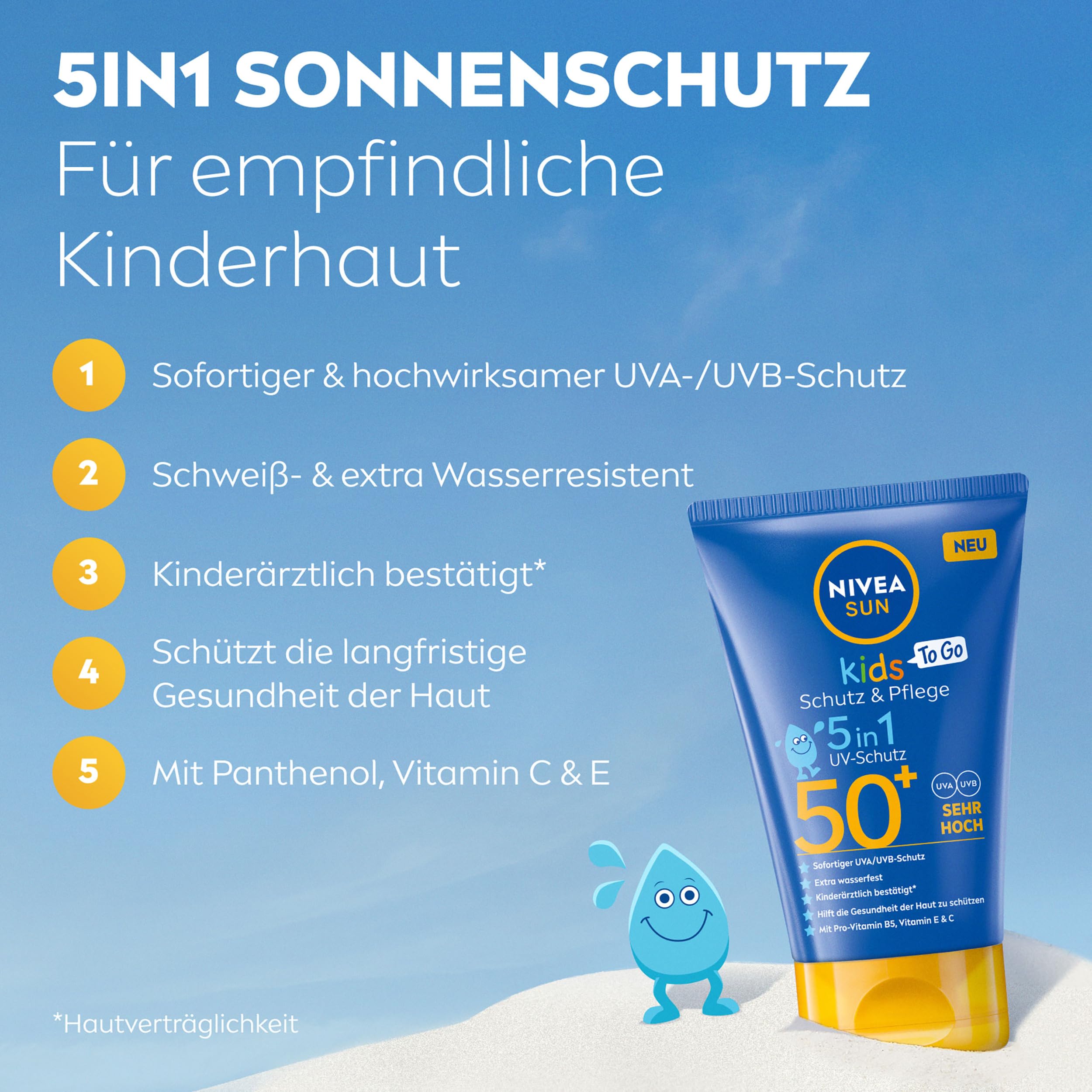 NIVEA SUN Kids Schutz & Pflege To Go LSF 50+ Sonnencreme, hoher Sonnenschutz mit Vitamin C & E, schweiß- & extra wasserfeste Sonnenlotion für empfindliche Kinderhaut (50 ml) 2