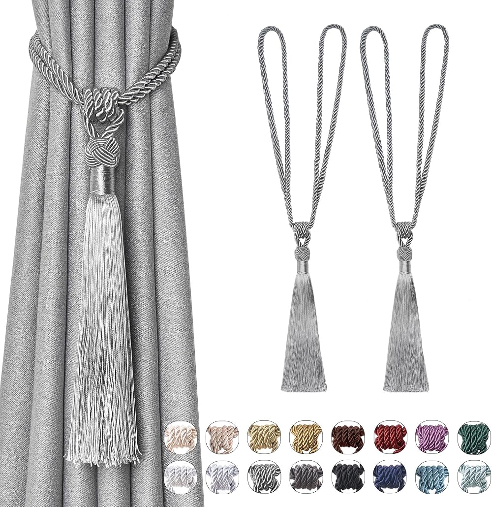 Pretty Jolly 2 Pack Long Tassel Curtain Tiebacks Grey Braided Rope Drape