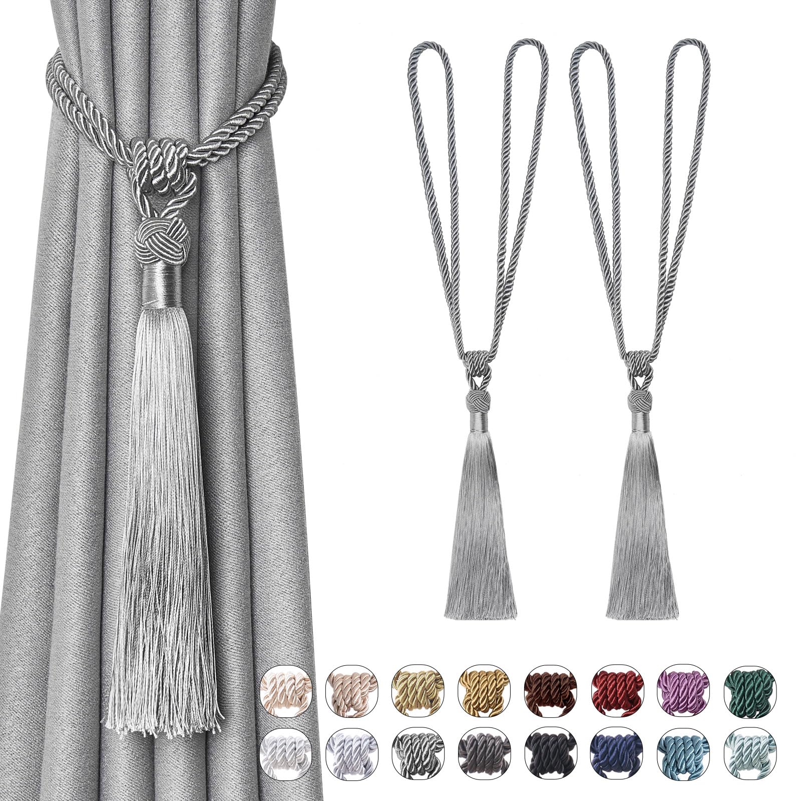 Pretty Jolly 2 Pack Long Tassel Curtain Tiebacks Handmade Braided Rope Knot Drape Tie Backs European Style Decorative Curtain Holdbacks for Home & Office Window Drapery (Grey)