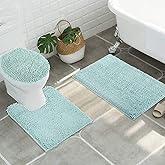 ITSOFT 3pc Non-Slip Shaggy Chenille Bathroom Mat Set, Includes 24"x21" U-Shaped Contour Toilet Rug, 34"x21" Inches Bathmat and 1 Toilet Lid Cover, Spa Blue