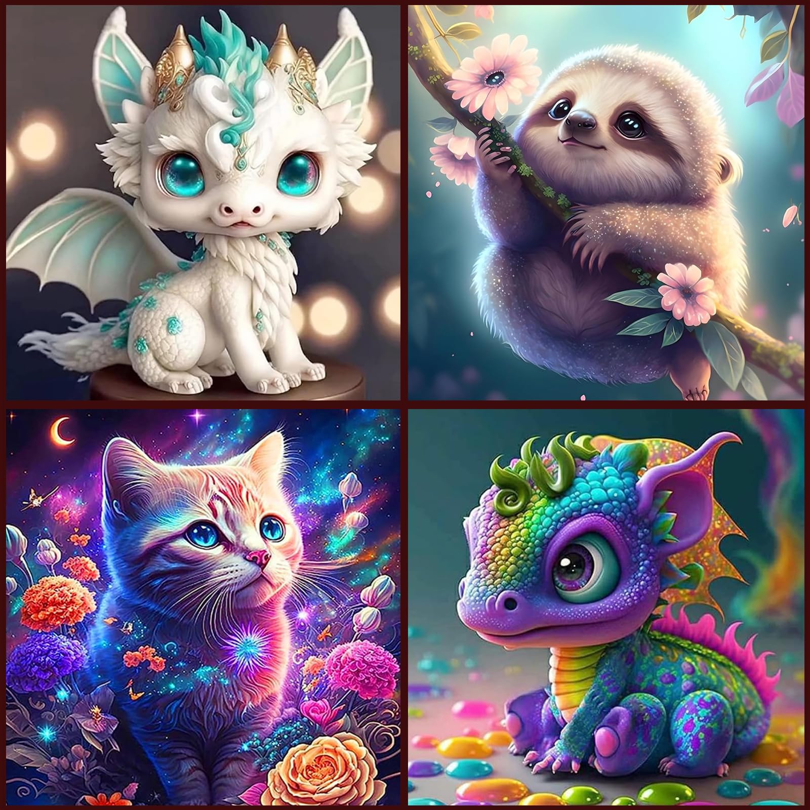 KEYRANKE 4 Pack Kids Diamond Art Kits Adults Diamond Painting Kits DIY 5d Small Diamond Art Painting, Animals Include cat, Sloth, Dragon, Arts Crafts for Beginner Christ-mas Gift 30x30cm