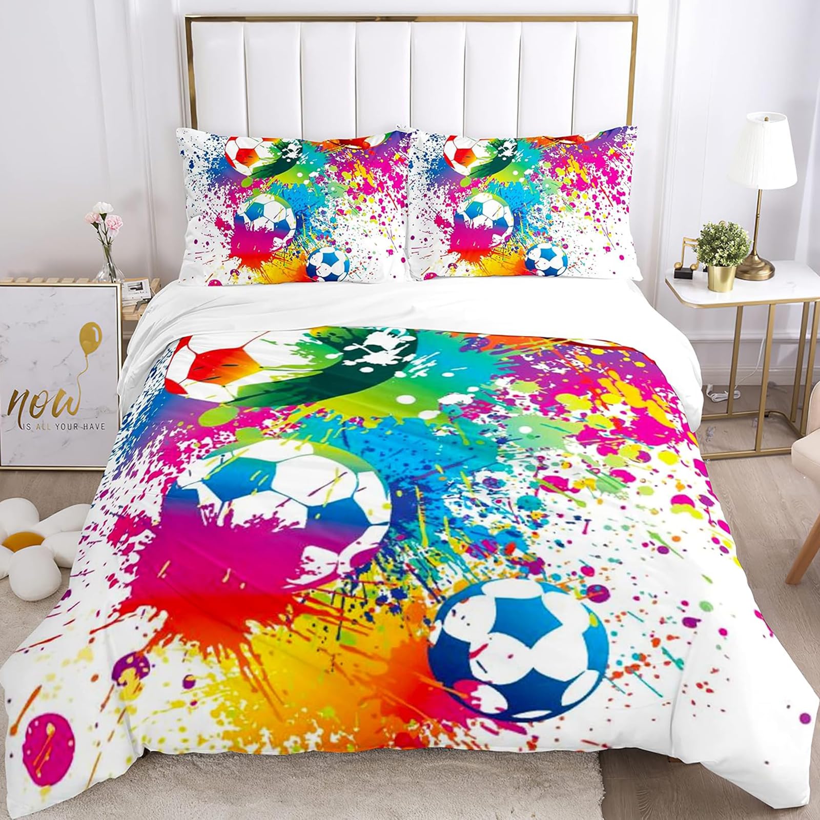 Tabeskly Kids Boys Graffiti Multicolor Football Soft Zipper Bed Bedding Duvet Cover Set Double White 200×200cm