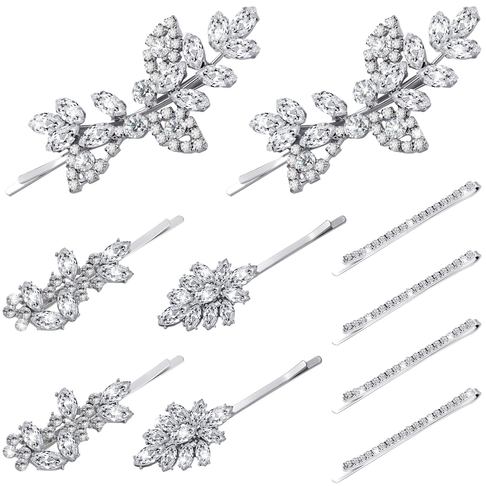 Photo 1 of Janinka 10 Pieces Rhinestone Wedding Hair Clips Bridal Crystal Bobby Pins Silver Barrette Leaf Flower Wedding Elegant Hair Accessories for Bride Women and Girls(Rhinestone Style)
