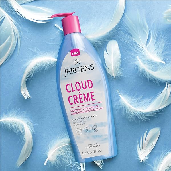 JERGENS CLOUD CREME BREATHABLE BODY LOTION, FAST-ABSORBING HYDRATING MOISTURIZER, PARABEN-FREE, WITH HYALURONIC COMPLEX, NON-GREASY APPLICATION, 13 OZ,WHITE