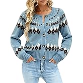EMMIOL Womens Fair Isle Sweater Cropped Button Up Long Sleeve Cardigans Crewneck Knit Sweater Coats Fall Winter