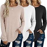 Riyiper 3 Pack Women's Long Sleeve Shirts Crew Neck Curved Hem Tunic Side Split Tops Loose Basic Tee Casual Sweatshirt