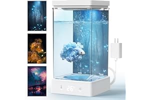 PETDOTT Betta Fish Tank, 1.4L Mini Fish Tank Aquarium Tank Kit with Temperature Display, Tiny Fish Tank for Kid Beignner 6 Color Touch Control, for Children (Only for Betta)