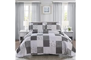 Ycosy Plaid Quilt Set Flowers Tartan Quilt White Black Plaid Floral Coverlets Full/Queen Size Lightweight Summer Square Cover