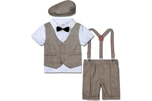 A&J DESIGN 5pcs Toddler Baby Boys Suit Set, 12 Months - 3T, Gentleman Suit Shirt & Shorts & Vest & Hat & Bow Tie