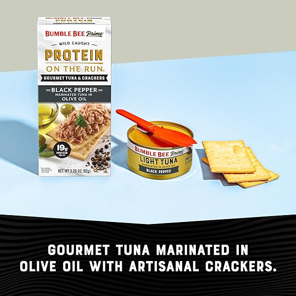BUMBLE BEE PRIME PROTEIN ON THE RUN TUNA SNACK KIT – GOURMET TUNA MARINATED IN OLIVE OIL & BLACK PEPPER WITH CRACKERS AND SERVING UTENSIL – 19G OF PROTEIN PER SERVING