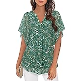 Timeson Women's Short Sleeve V Neck Blouses Shirts Floral Double Layers Mesh Tunics Tops