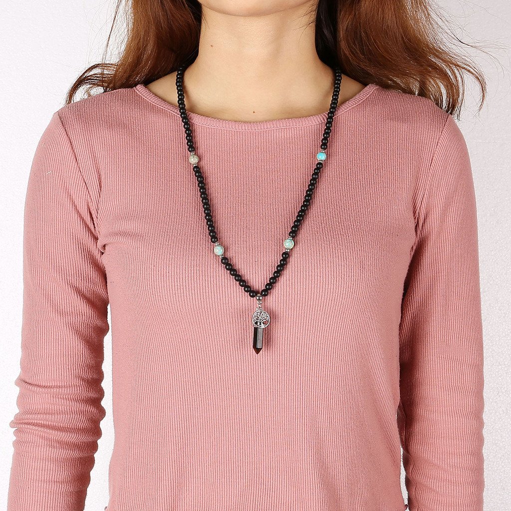 JOVIVI 6mm Matt Schwarz Achat Perlen Armband Buddha Armreif Wickelarmband Halskette mit Lebensbaum Hexagon Säulen Anhänger (Tigerauge)