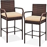 Best Choice Products Set of 2 Wicker Bar Stools, Indoor Outdoor Bar Height Chairs w/Cushion, Footrests, Armrests for Backyard