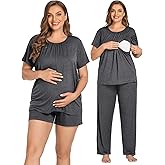 SWOMOG Women 3Pcs Maternity Pajama Set Nursing Pjs Pregnancy Set Breastfeeding Pjs Double Layer with Pockets