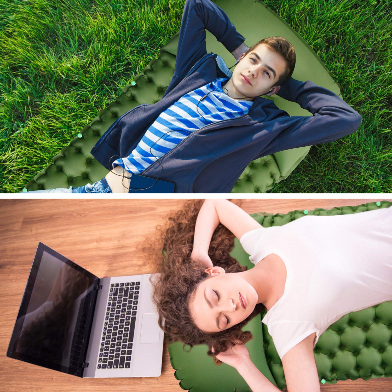 Self-Inflating Camping Pad Comfortable Camp Mat Ultralight Outdoor Foldable Lightweight Air Sleeping Bed with Siamese Innovation Separates Inflatable Pillows for Camping Beach Travelling and Hiking (Green-1pack)