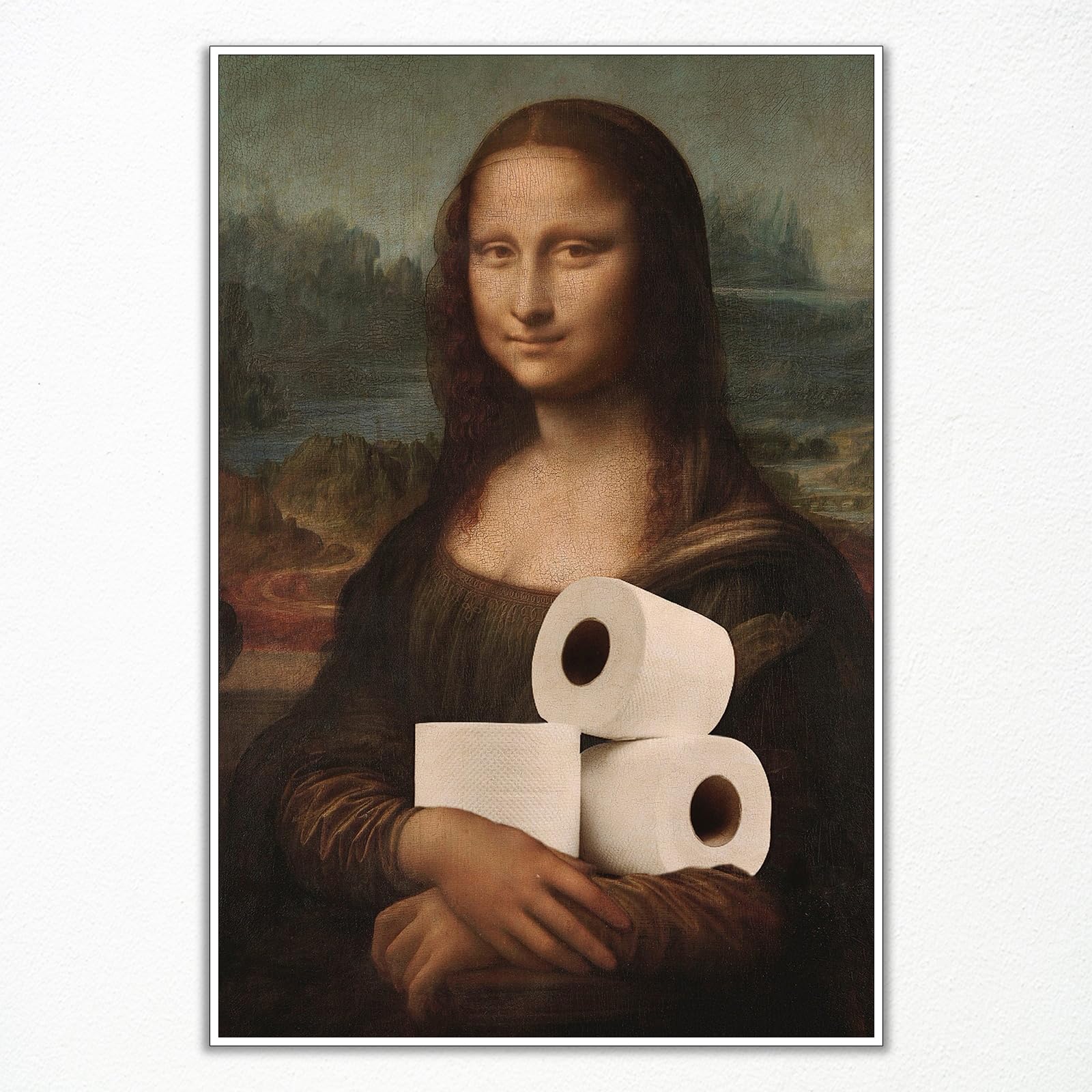 Anslipswar Classical Mona Lisa Painting Canvas Wall Art, Vintage Funny Bathroom Poster, Humor Amusing Toilet Art Prints, Girl Toilet Funny Wall Decor 12x16in Unframed