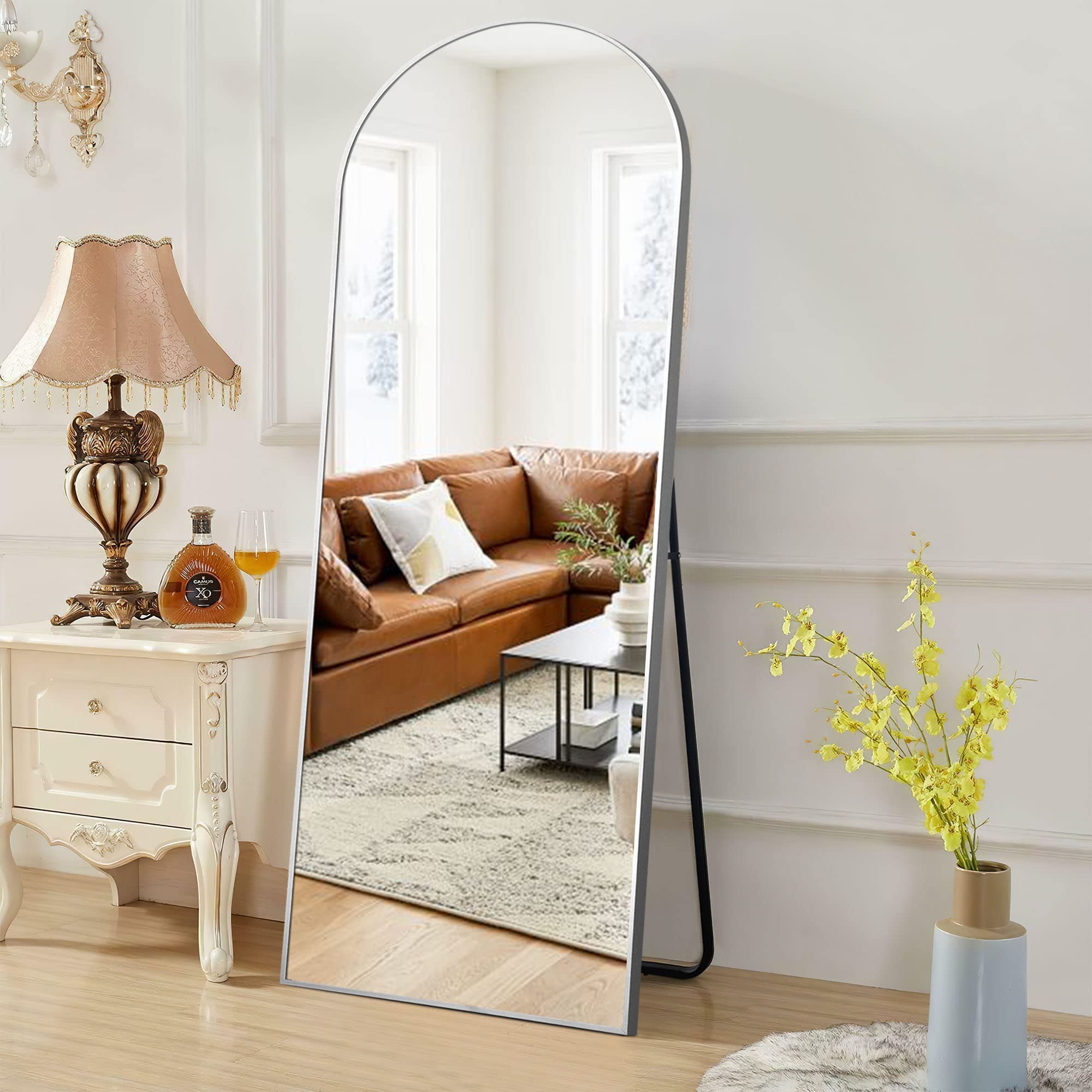 MIRUO Arched Full Length Mirror, 65" x 22" Aluminum Alloy Frame Floor Mirror with Stand, Large Bedroom Mirror Dressing Mirror, Free Standing or Leaning Against Wall, Silver Image