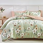 AIKASY 7 Piece Floral Comforter Set Queen Size - Soft Microfiber Bed in a Bag with Sheet Set for All Seasons - Green Flower Botanical Design - Reversible Bedding Set