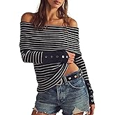 Daong Women Striped Off Shoulder Sweaters Long Sleeve Ribbed Knit Going Out Tops 2026 Spring Clothing