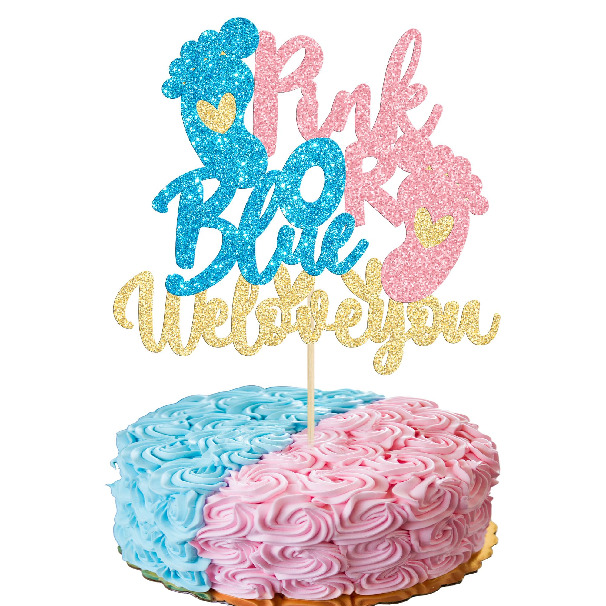 Gyufise 1 Pack Glitter Pink or Blue We Love You Cake Topper with Footprint Gender Reveal Cake Decorations for Baby Shower Gender Reveal Theme Kids Boys Girls Birthday Party Decoration Supplies