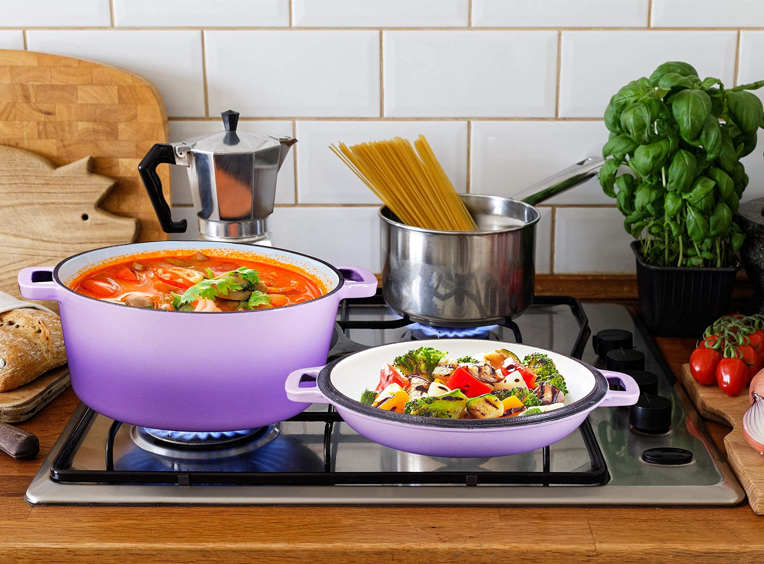 Bruntmor 2-in-1 Enamel Cast Iron Dutch Oven with Handles - Crock Pot Purple Cast Iron Pot with Skillet lid - All-in-One Cookware Braising Pan for Casserole Dish - 5 Quart, Purple