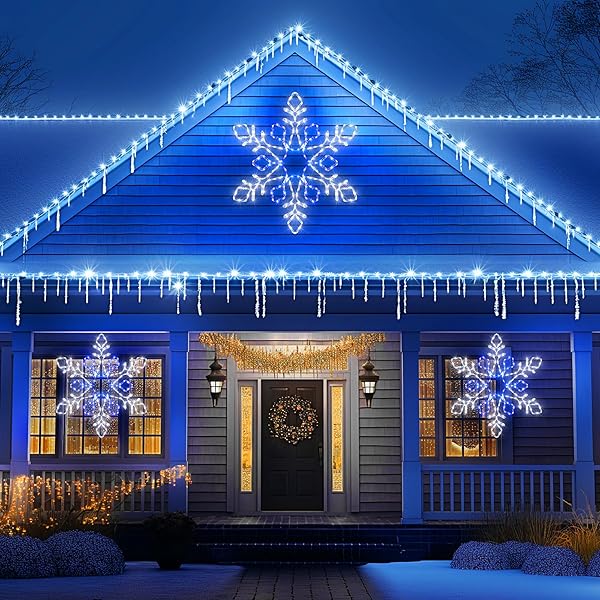 CHRISTMAS 35” SNOWFLAKE LIGHTS DECORATION – OUTDOOR WATERPROOF CHRISTMAS LIGHTS SUPER-BRIGHT WHITE AND BLUE WITH ULTIMATE TIMER FOR OUTDOOR HOME PARTY WALL HANGING LIGHT
