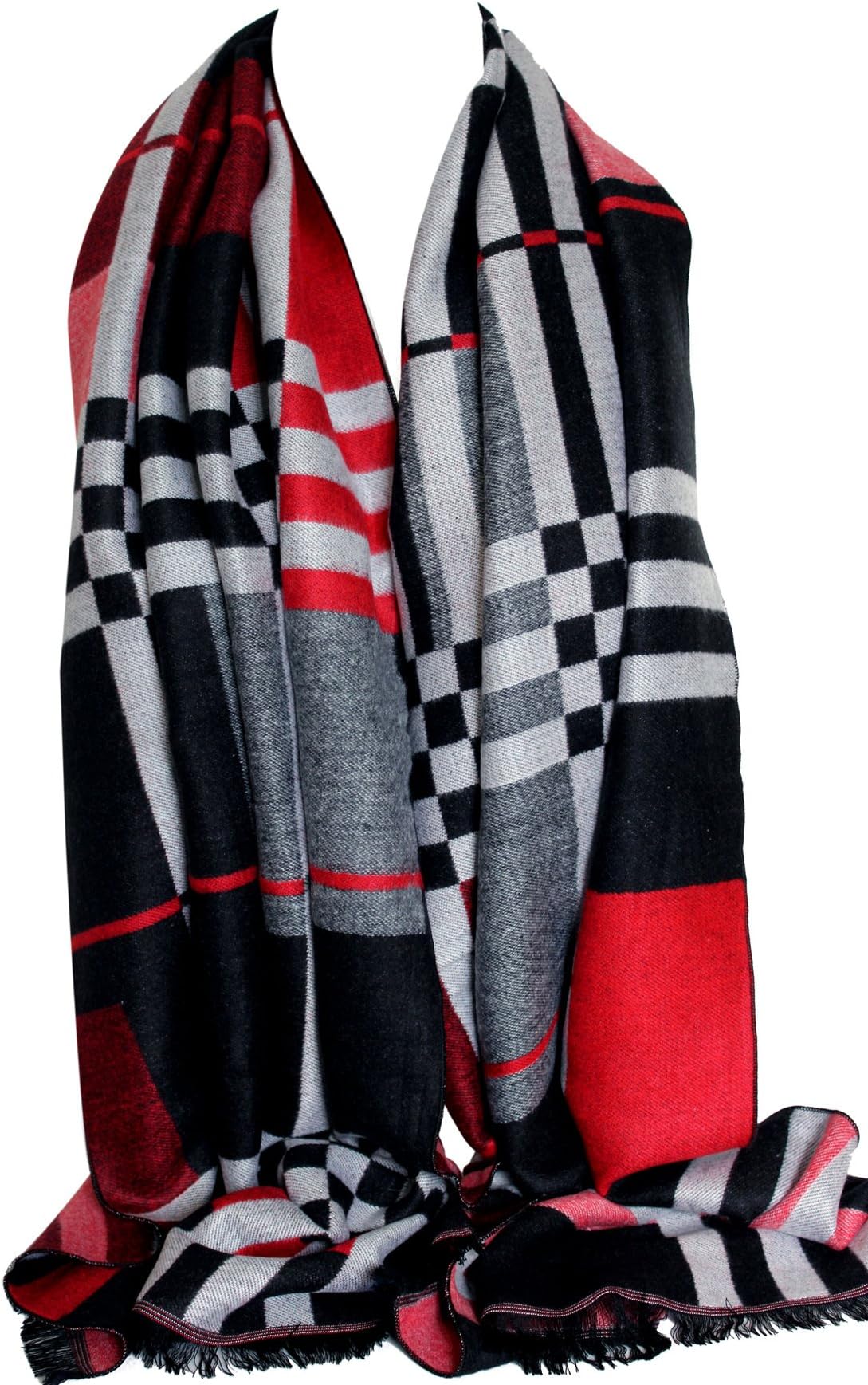 Plush 2 Sided Reversible Red Black Cashmere Blend Check Print Blanket Wrap Scarf Shawl